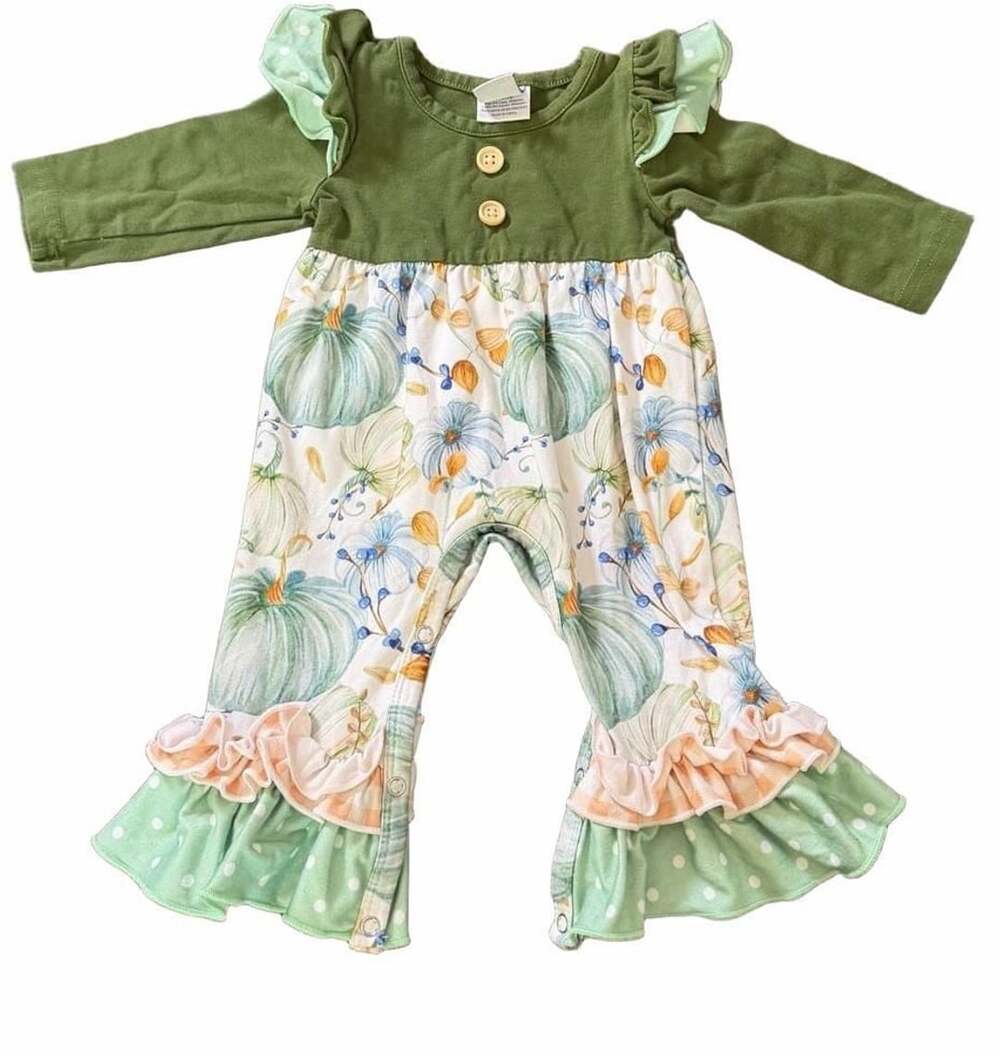 Dash of Glitter Fall Pumpkin Romper Size 0-3M boutique Floral Ruffle